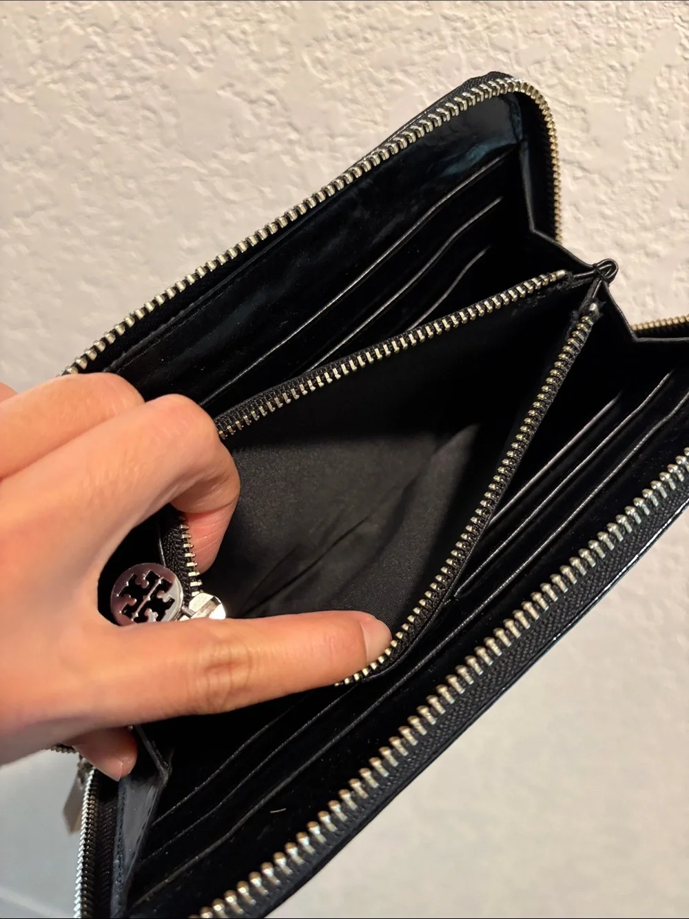 Tory Burch Black Patent Leather Zip-Around Wallet with Silver Logo Medallion